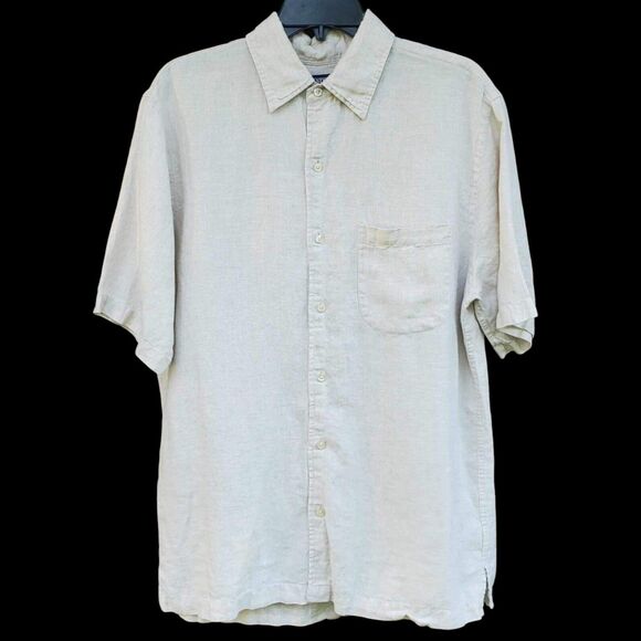Lands End Mens Medium Linen Beige Short Sleeve Button Shirt 15-15.5 - Picture 1 of 6